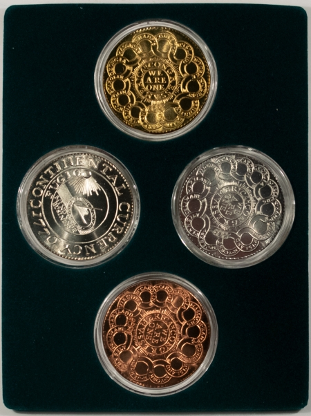 New Store Items 1776 GALLERY MINT CONTINENTAL CURRENCY 4 COIN RESTRIKE SET, SILVER/COP/BRASS/PEW