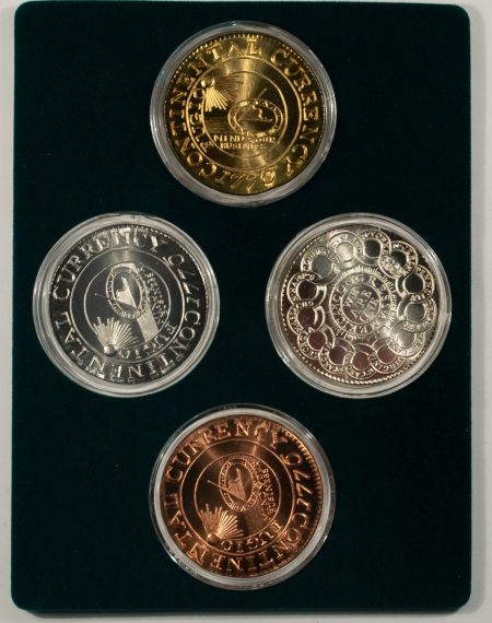 New Store Items 1776 GALLERY MINT CONTINENTAL CURRENCY 4 COIN RESTRIKE SET, SILVER/COP/BRASS/PEW