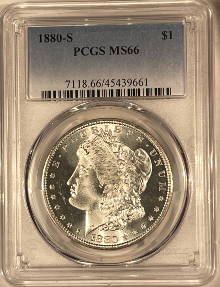 Morgan Dollars 1880-S MORGAN DOLLAR – PCGS MS-66, BLAST WHITE W/ A SMOOTH CHEEK!