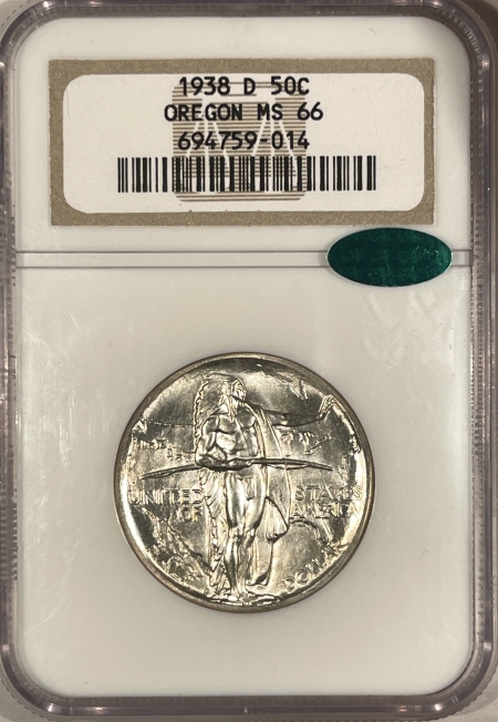 CAC Approved Coins 1938-D OREGON COMMEMORATIVE HALF DOLLAR – NGC MS-66, BLAST WHITE, PQ & CAC!
