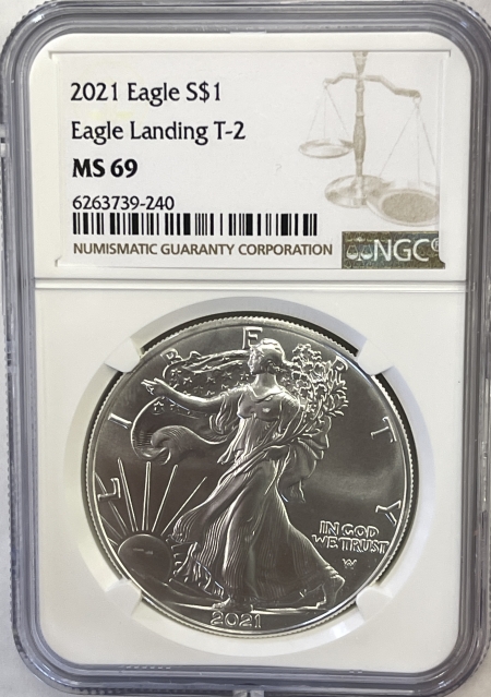American Silver Eagles 2021 TYPE 2 1 OZ AMERICAN SILVER EAGLE NGC MS-69 BROWN LABEL