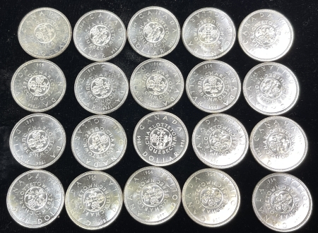 New Store Items 1964 CANADA SILVER DOLLARS, ORIGINAL 20 COIN ROLL, CHOICE BU, PROOFLIKE, PRETTY