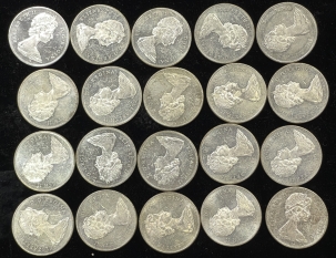 Coin Rolls 1965 CANADA SILVER DOLLARS, ORIGINAL 20 COIN ROLL, UNCIRCULATED, PROOFLIKE