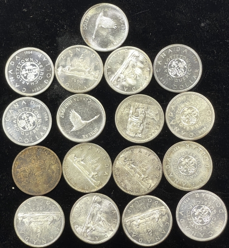 Coin Rolls 1958-1967 CANADA SILVER DOLLARS, LOT OF 17 COINS, AU+/UNC, MOSTLY UNC, SOME PL