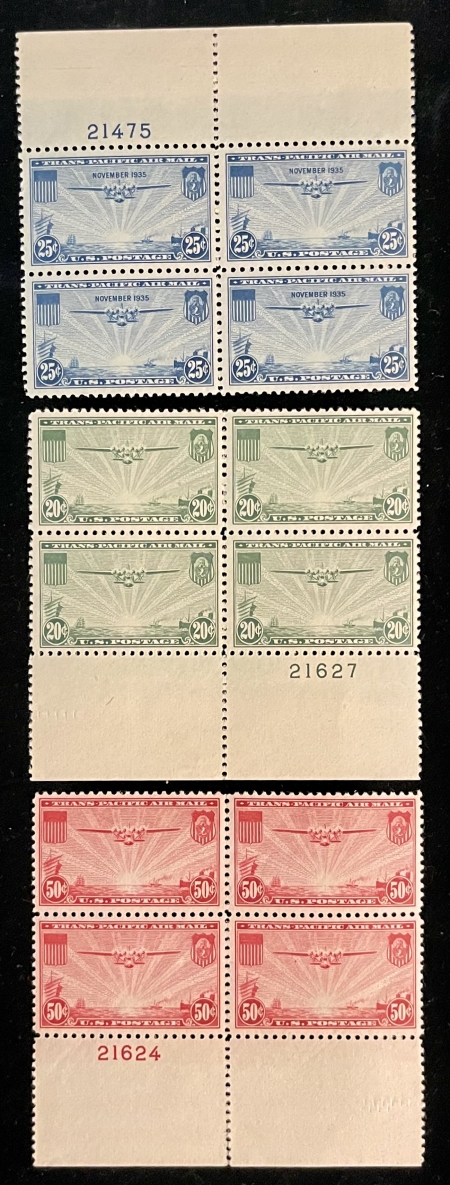 U.S. Stamps SCOTT #C-20, 21 & 22; 25c, 20c & 50c PLATE # BLOCKS OF 4, MOG-NH, VF+ & PO FRESH