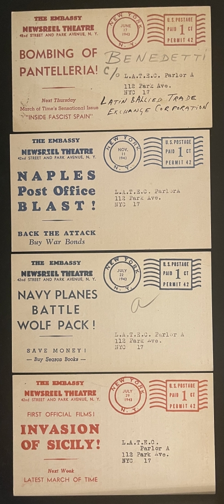 U.S. Stamps 24 WW II POSTAL CARDS, 7/1/43-4/6/44 NEWSREEL ANNOUNCEMENTS-EMBASSY THEATRE, NYC