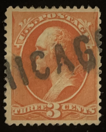 U.S. Stamps SCOTT #214 3c BRIGHT ORANGE W/ CHCICAGO CANCEL; VF & SOUND-CATALOG $50