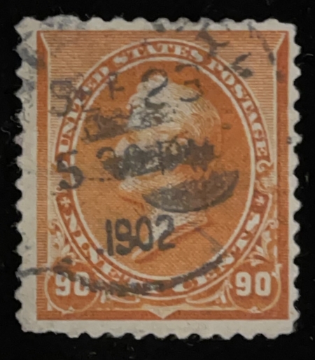 U.S. Stamps SCOTT #229 90c BRIGHT ORANGE, USED, FEW SHORT PERFS, VF APPEARANCE-CATALOG $140