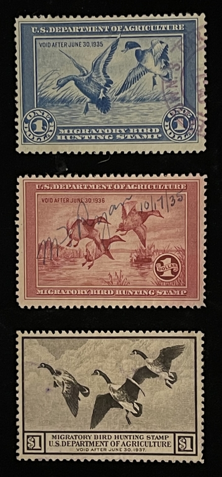 U.S. Stamps SCOTT #RW-1,2 & 3; 1934-36 $1 DUCK STAMPS (3), USED W/ FINE CENTERING-CAT $435