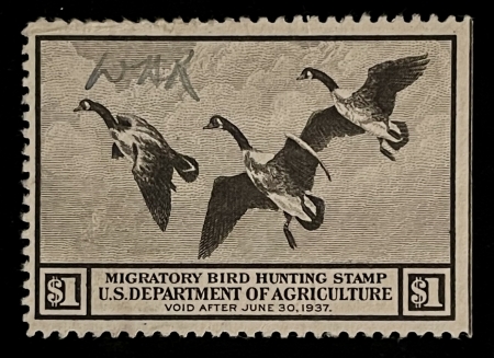 U.S. Stamps SCOTT #RW-3 1936 DUCK, USED, LIGHT SIG ON FRT, PERF TIP CRS, VF CENTER-CAT $100