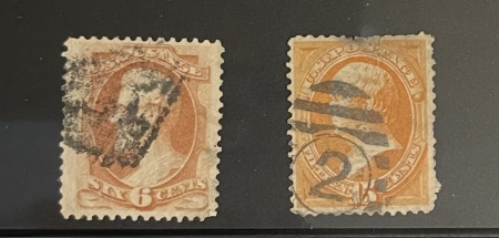 U.S. Stamps SCOTT #159, #163, 6c, DULL ROSE, 15c, ORANGE, USED BUT FAULTY – CATALOG $168