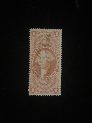 U.S. Stamps SCOTT #R-66c, $1, CONVEYANCE RED, PERFIRATED, FINE, USED – CATALOG VALUE $27