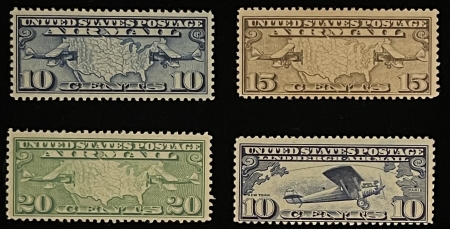 U.S. Stamps SCOTT #C-7 – C-10, 10c-20c, PLANE/MAP, 10c LINDENBERGH, MOG-NH – CATALOG $33.75