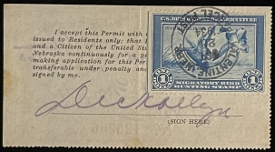 SCOTT #RW-1 USED ON LICENSE, $1, BLUE, RARE! STAMP FINE & UNAFFECTED – CAT $175