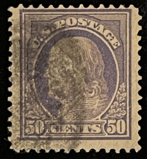 U.S. Stamps SCOTT #421, 50c, VIOLET, PERF 12, SLWM, USED, ABT FINE – CATALOG VALUE $27.50
