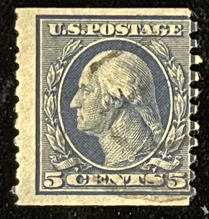 U.S. Stamps SCOTT #447, 5c, BLUE, FLAT PLATE, PERF 10 VER, COIL, USED, AVG CENTER – CAT $110