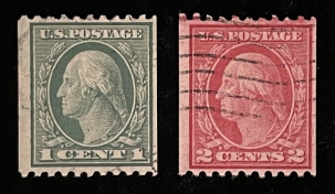 U.S. Stamps SCOTT #448,450, 1c GREEN, 2c CARMINE, TY III, PERF 10 HORIZ, USED, FINE, CAT $42