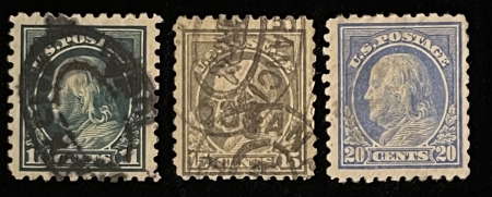 U.S. Stamps SCOTT #473,475,476, 11c DK GREEN, 15c GRAY, 20c LT ULTRA, USED, FINE CENTERING