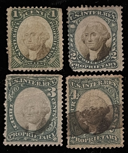 U.S. Stamps SCOTT #R81-R84, 1c-4c, GREEN, PROPRIETARY, USED, FAULTY! – CATALOG VALUE $56.25