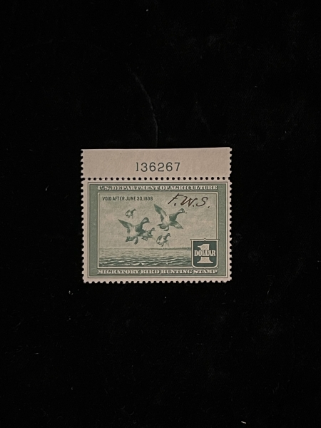 U.S. Stamps SCOTT #RW-4, PLATE # SINGLE, USED, SIG ON FRONT, MOG-NH, VF CENTERING – CAT $85