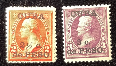New Store Items SCOTT #223-224 CUBA 2 1/2 PESO ON 2C CARMINE & 3 PESO ON 3C PURPLE MOG H CAT-$20