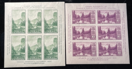 New Store Items SCOTT #750 & 751 SOUVENIR SHEETS, FARLEY ISSUES 1C GREEN & 3C PURPLE, MOG HINGED