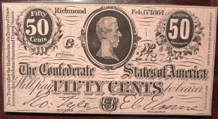 Confederate Notes 1863 CONFEDERATE STATES OF AMERICA 50 CENTS NOTE, T-63, 2/17/1864, NICE CU