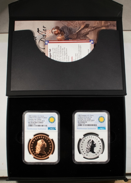 Dollars SMITHSONIAN 1794-2019 2 COIN SILVER/COPPER FLOWING HAIR $1 SET, NGC PF-70 REV PF