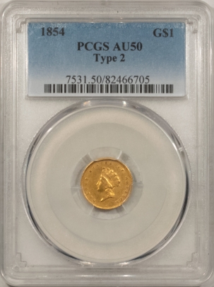 New Store Items 1854 LIBERTY GOLD DOLLAR, TY II – PCGS AU-50