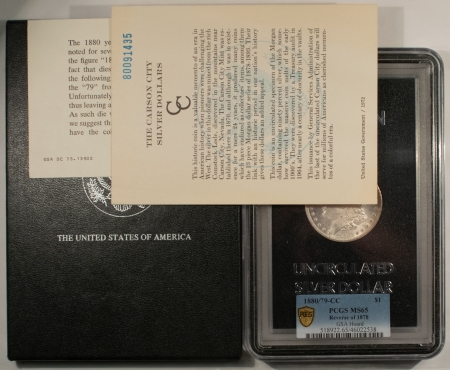 New Store Items 1880/79-CC MORGAN DOLLAR, REVERSE OF 1878 GSA W/ BOX/CARD, PCGS MS-65, WHITE GEM