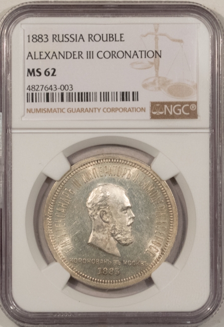 New Store Items 1883 RUSSIA ALEXANDER III CORONATION SILVER ROUBLE, Y-43, NGC MS-62, RARE & PQ!