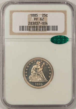 CAC Approved Coins 1885 PROOF LIBERTY SEATED QUARTER NGC PF-62, CAC, FLASHY, NEARLY CAMEO & PQ!