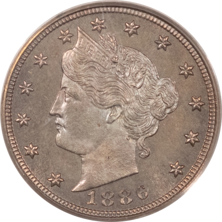 Liberty Nickels 1886 LIBERTY NICKEL, PCGS PR-65, PRETTY ORIGINAL GEM, PASTEL PATINA-OLDER HOLDER