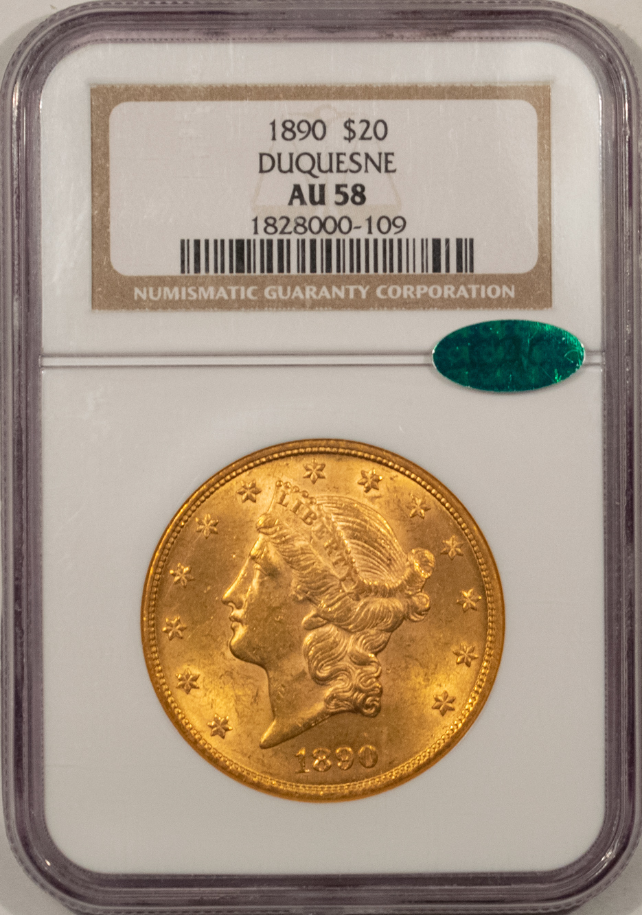 1890 $20 LIBERTY GOLD DOUBLE EAGLE NGC AU-58 CAC, EX. DUQUESNE, FRESH ...