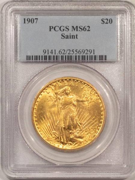 $20 1907 NO MOTTO $20 ST. GAUDENS GOLD PCGS MS-62, PQ, FLASHY & LOOKS CHOICE!