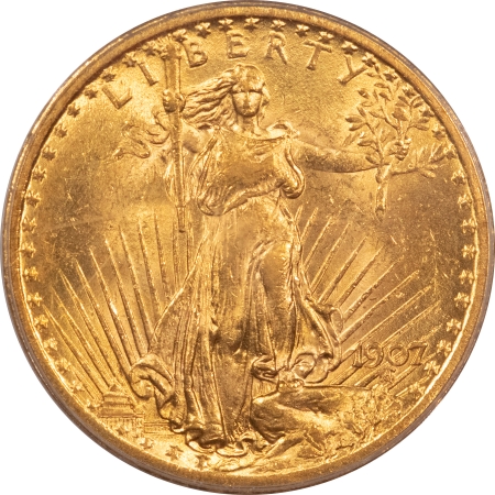 $20 1907 NO MOTTO $20 ST. GAUDENS GOLD PCGS MS-62, PQ, FLASHY & LOOKS CHOICE!