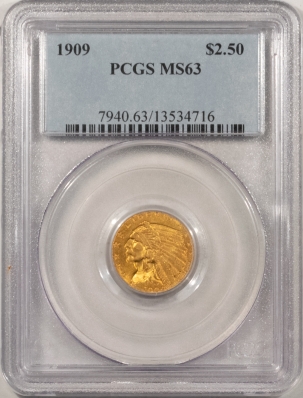 $2.50 1909 $2.50 INDIAN HEAD GOLD – PCGS MS-63, FRESH & PRETTY!