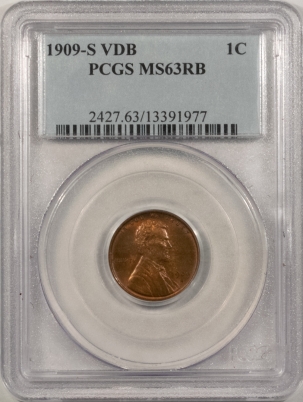 Lincoln Cents (Wheat) 1909-S VDB LINCOLN CENT PCGS MS-63 RB, NICE ORIGINAL KEY-DATE!