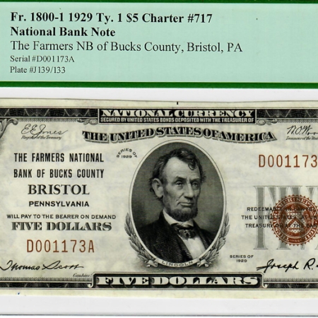 Small National Currency 1929 FARMERS NATL BANK OF BUCKS CO. $5 BRISTOL, PA CHTR #717 PCGS GEM CU-65 PPQ