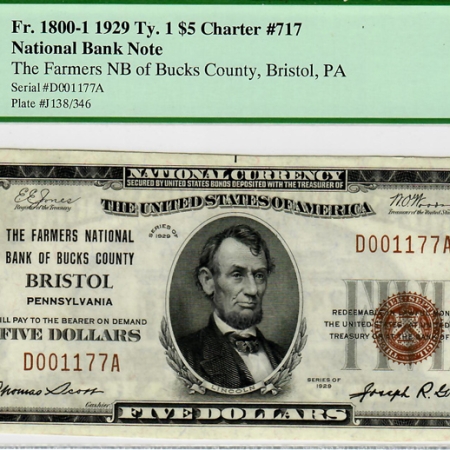 New Certified Coins 1929 FARMERS NATL BANK OF BUCKS CO. $5 BRISTOL, PA CHTR #717 PCGS GEM CU-65 PPQ