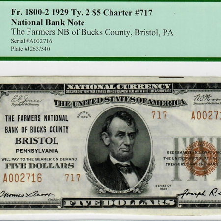 New Certified Coins 1929 TY 2 FARMERS NATL BANK OF BUCKS CO. $5 BRISTOL, PA #717 PCGS GEM CU-65 PPQ