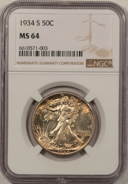 New Store Items 1934-S WALKING LIBERTY HALF DOLLAR, FLASHY ORIGINAL WHITE W/ A TOUCH OF GOLD