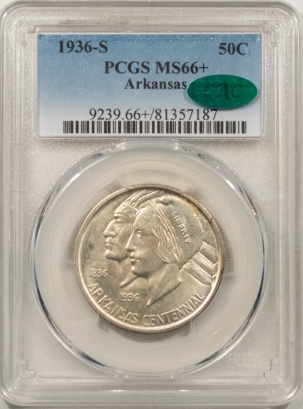 CAC Approved Coins 1936-S ARKANSAS COMMEMORATIVE HALF DOLLAR PCGS MS-66+ CAC, PRETTY & PQ!