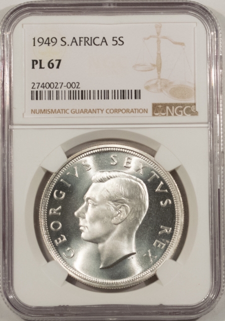 New Certified Coins 1949 SOUTH AFRICA FIVE SHILLINGS, KM-40.1, NGC PL 67, SUPERB GEM PROOLIKE, WOW!