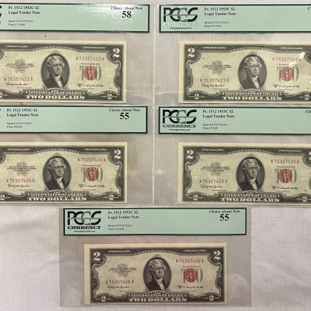 New Certified Coins 1953-C $2 RED SEAL U.S. NOTES, LOT OF 5 CONSECUTIVE, FR-1512, PCGS CH AU-55/58