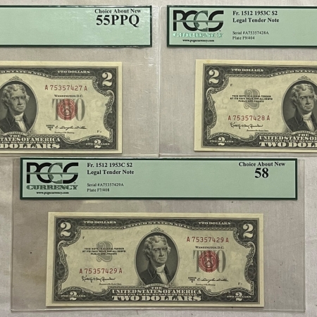 New Store Items 1953-C $2 RED SEAL U.S. NOTES LOT OF 3 CONSECUTIVE FR-1512 PCGS CH AU55 PPQ/AU58