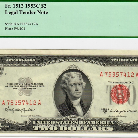 New Certified Coins 1953-C $2 RED SEAL UNITED STATES LEGAL TENDER NOTE, FR-1512, PCGS NEW CU 61