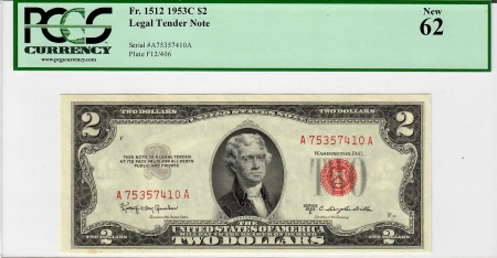 Small U.S. Notes 1953-C $2 RED SEAL UNITED STATES LEGAL TENDER NOTE, FR-1512, PCGS NEW CU 62