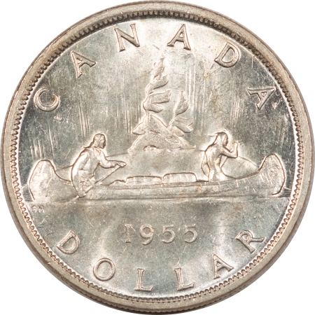 World Certified Coins CANADA 1955 SILVER $1, 3 WATER LINES, KM-54, NEARLY UNC-PL & LOOKS CHOICE!