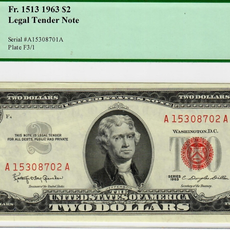 New Certified Coins 1963 $2 RED SEAL UNITED STATES LEGAL TENDER NOTE FR-1513 PCGS CHOICE AU 55